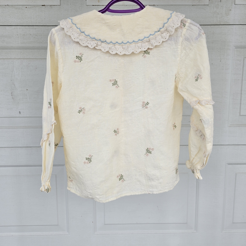 Charming Cream Girl's Blouse with Embroidered Bunnies And Flowers. - Picture 5 of 7